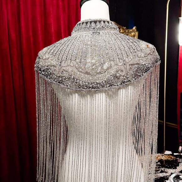 Silver Sequin Fringe Cape, Rhinestone Shawl, Luxury Beaded Cape, Festival Outfit - Picture 8 of 13